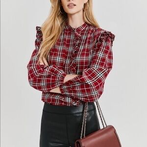 NWT. Something Navy Medium Flannel Plaid Ruffle Shirt.